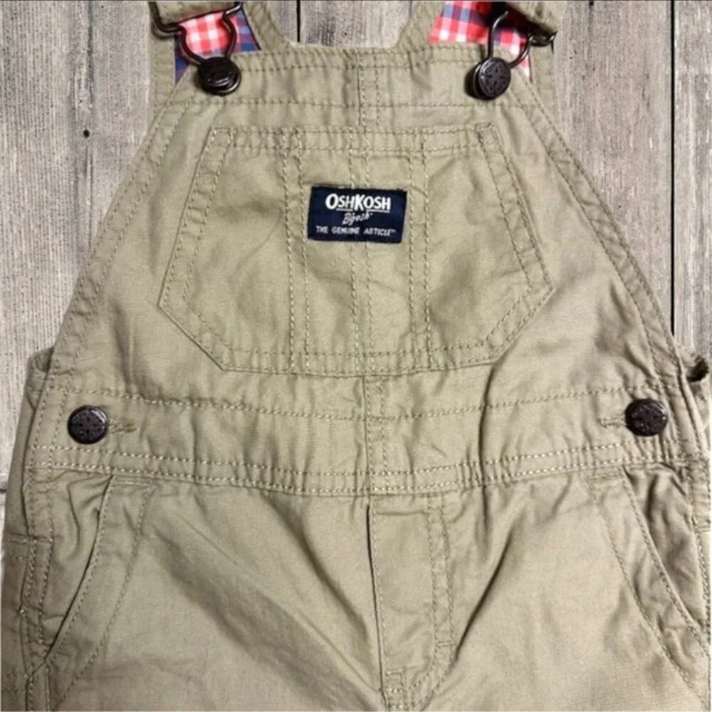 Oshkosh B'gosh Tan with Pink Plaid‎ Girls Toddlers Overalls Size 18M